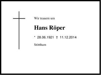 Traueranzeige von Hans  Röper von Region Chiemgau